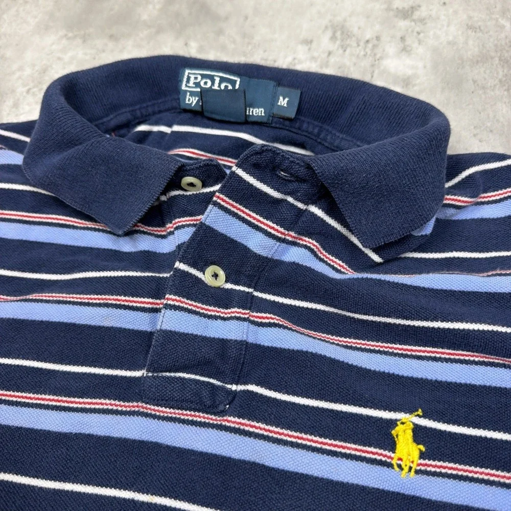 Vintage 90s Polo Ralph Lauren Mens M Blue Striped Short Sleeve Polo Knit USA